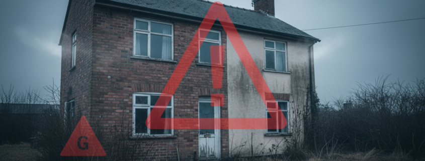 Rental property below EPC E warning - non-compliant house with red warning indicators