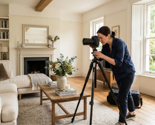 Professional photographer shooting a bright living room interior in an English home