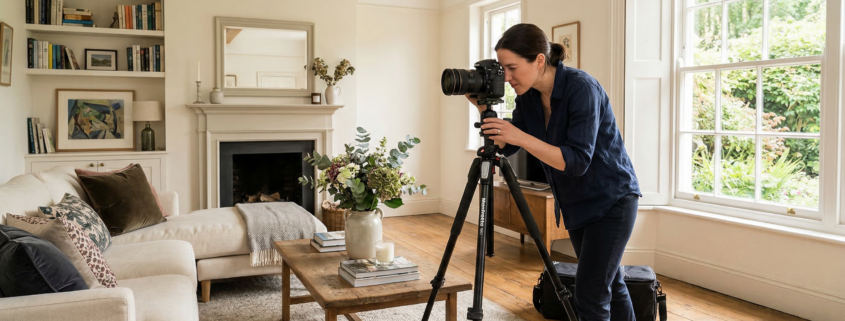 Professional photographer shooting a bright living room interior in an English home