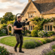 Videographer filming a beautiful Cotswold stone house exterior at golden hour