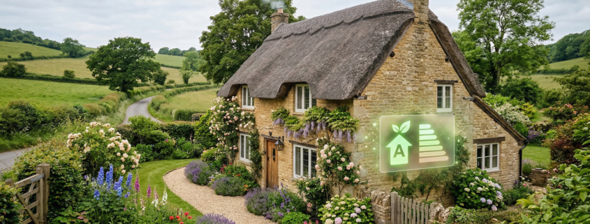 Traditional Cotswold stone cottage with energy performance rating overlay - EPC reform delay 2027