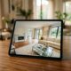 Tablet displaying a 3D virtual tour of a property living room, representing virtual tour technology for estate agents