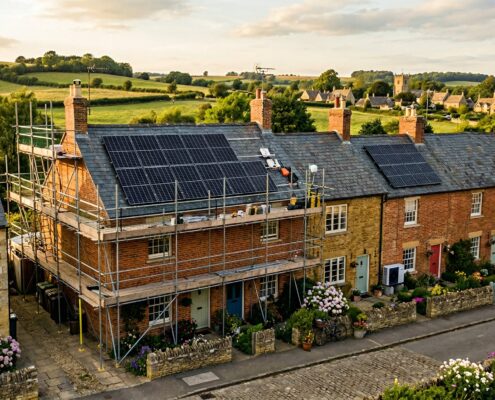 Cotswold stone terraced houses in Oxfordshire with solar panels being installed and scaffolding, representing energy efficiency upgrades for the Warm Homes Fund
