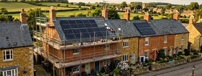 Cotswold stone terraced houses in Oxfordshire with solar panels being installed and scaffolding, representing energy efficiency upgrades for the Warm Homes Fund