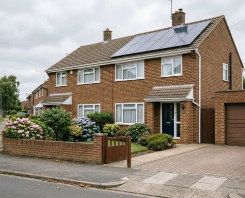 Typical 1970s British semi-detached house with solar panels on the roof, representing EPC energy efficiency upgrades for Oxfordshire landlords