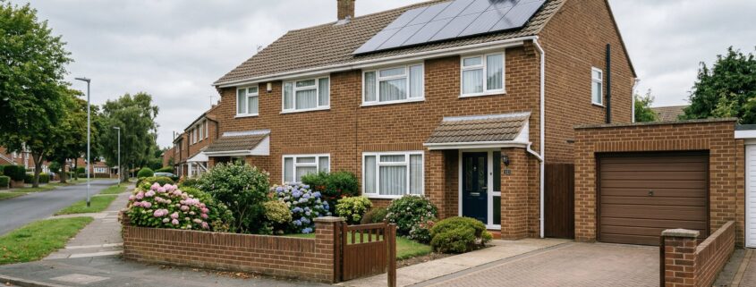 Typical 1970s British semi-detached house with solar panels on the roof, representing EPC energy efficiency upgrades for Oxfordshire landlords