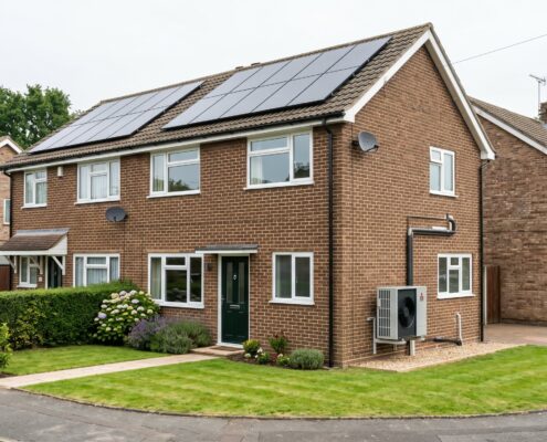 Suburban British house with solar panels and an air source heat pump installed, representing EPC energy efficiency grants for Oxfordshire landlords