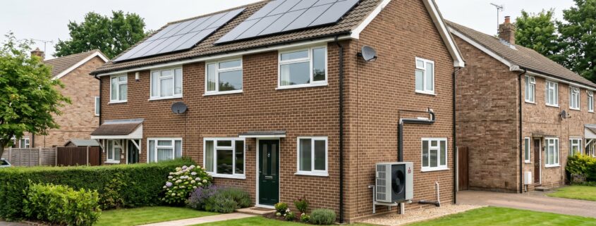 Suburban British house with solar panels and an air source heat pump installed, representing EPC energy efficiency grants for Oxfordshire landlords