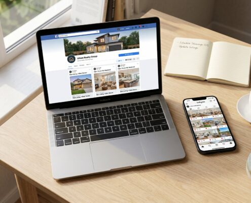 Laptop and smartphone showing social media property marketing content for estate agents