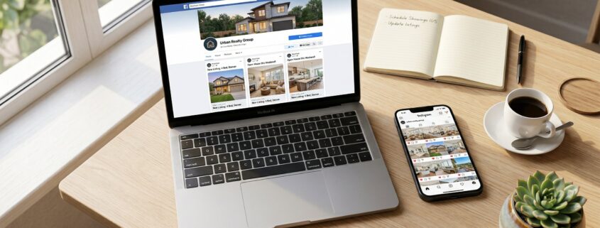Laptop and smartphone showing social media property marketing content for estate agents