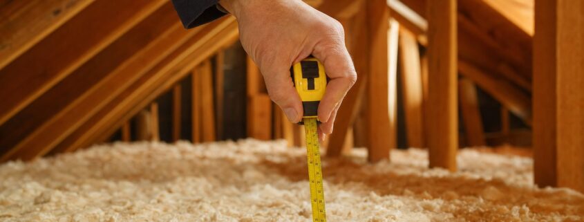 Hand measuring loft insulation depth with a yellow tape measure, illustrating how to prepare for an EPC assessment