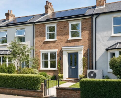 Modern English brick terrace with solar panels and an air source heat pump, showing energy efficiency upgrades that drive a rental premium