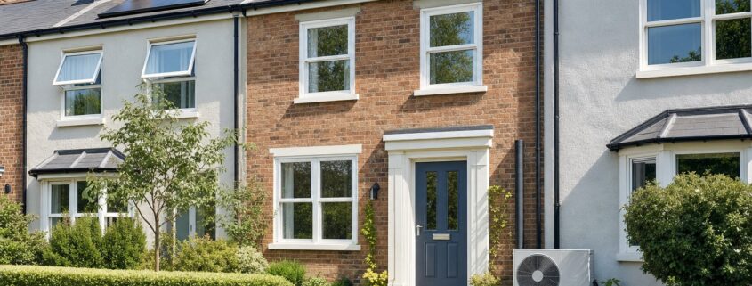 Modern English brick terrace with solar panels and an air source heat pump, showing energy efficiency upgrades that drive a rental premium