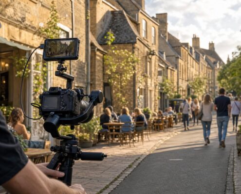 Cinema camera on a gimbal filming a Cotswold village high street with quaint stone buildings and cafe seating, representing narrated property tours and local area videos