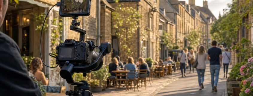 Cinema camera on a gimbal filming a Cotswold village high street with quaint stone buildings and cafe seating, representing narrated property tours and local area videos