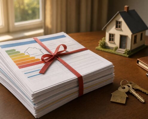 A stack of property paperwork tied with red legal ribbon, an EPC energy efficiency rating chart on top, brass house keys and a small model house alongside, representing the Home Information Pack era and modern BASPI revival