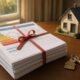 A stack of property paperwork tied with red legal ribbon, an EPC energy efficiency rating chart on top, brass house keys and a small model house alongside, representing the Home Information Pack era and modern BASPI revival