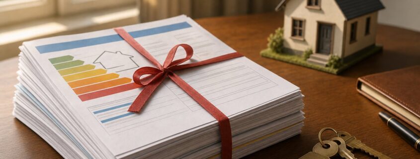 A stack of property paperwork tied with red legal ribbon, an EPC energy efficiency rating chart on top, brass house keys and a small model house alongside, representing the Home Information Pack era and modern BASPI revival