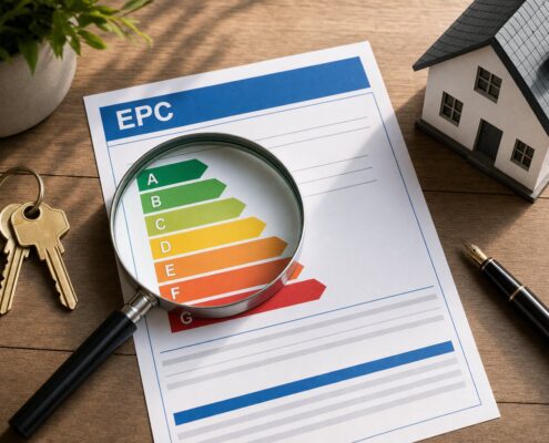 Magnifying glass examining an EPC energy efficiency rating certificate alongside brass house keys and a model house, representing public scrutiny under the new MEES exemptions register