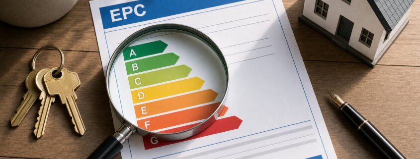 Magnifying glass examining an EPC energy efficiency rating certificate alongside brass house keys and a model house, representing public scrutiny under the new MEES exemptions register