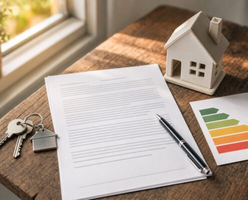 Tenancy paperwork, house keys, model house, and an EPC energy efficiency rating chart on a wooden table, representing the intersection of the Renters Rights Act and EPC obligations