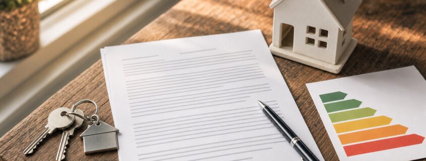 Tenancy paperwork, house keys, model house, and an EPC energy efficiency rating chart on a wooden table, representing the intersection of the Renters Rights Act and EPC obligations