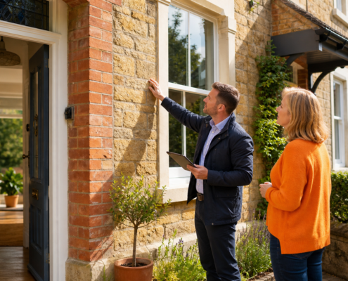 Energy assessor reviewing an Oxfordshire rental property's exterior with a landlord