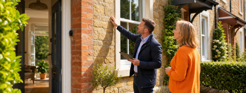 Energy assessor reviewing an Oxfordshire rental property's exterior with a landlord