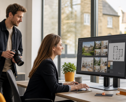 Estate agent reviewing a professionally marketed residential property listing